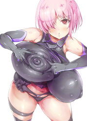 1girls bare_shoulders big_breasts black_gloves blush bodysuit busty cleavage clothing_skin curvy elbow_gloves erect_nipple erect_nipples eyelashes fate/grand_order fate_(series) female female_only front_view gloves hair_over_one_eye hand_on_breast hourglass_figure human looking_at_viewer mash_kyrielight mozu-k nipple_bulge nipple_pinch open_mouth pink_hair pose posing red_eyes shielder_(fate/grand_order) shiny shiny_skin short_hair simple_background solo standing voluptuous wide_hips