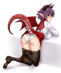 ass big_breasts breasts cleavage female female_only granblue_fantasy grea_(shingeki_no_bahamut) horns large_breasts looking_at_viewer looking_back panties pointy_ears purple_hair shingeki_no_bahamut solo tail thighhighs twrlare upskirt wings