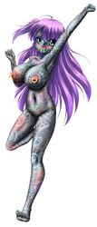 arm_tattoo arm_up armpit breast_tattoo breasts flower full_body_tattoo grey_eyes highres irezumi large_breasts long_hair nail_polish nipple_piercing piercing purple_hair seiji_(artist) snake tattoo tongue_piercing