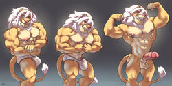 1boy anthro balls bastian_(leobo) bulge clothing erection feline flexing leobo lion male male_only mammal muscular nipple_piercing nipples penis piercing solo underwear white_underwear