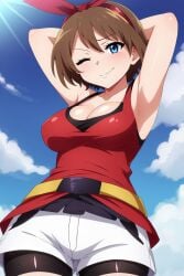 ai_generated belt bike_shorts blue_eyes blush busty cleavage creatures_(company) curvy facing_viewer female female female_only game_freak headband hi_res highres may_(pokemon) may_(pokemon_oras) nintendo pokemon pokemon_(game) pokemon_oras pokemon_trainer pose red_shirt seraphim_ai shorts sleeveless smile solo stable_diffusion white_shorts wink