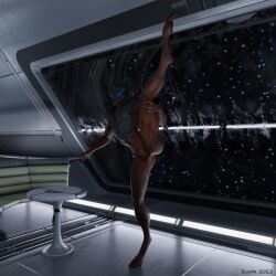 1:1 2_toes 3_fingers absurd_res alien bioware blue_eyes blue_flesh brown_body chocksha_mannan_(scoota) electronic_arts facial_markings feet female fingers floor_light furniture genitals head_markings hi_res humanoid looking_at_viewer mandibles markings mass_effect nude nude_female on_one_leg plated_scales pussy raised_leg scoota sofa solo space spacecraft standing star table talons toes turian vehicle window