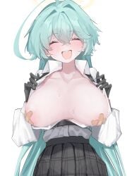 :d absurdres ahoge bandaid bandaids_on_nipples black_gloves black_skirt blue_archive blue_hair blush breasts breasts_out closed_eyes clothes_pull female gloves halo highres large_breasts long_hair long_sleeves open_mouth partially_unbuttoned pasties pleated_skirt pulling_own_clothes round_teeth sagging_breasts shirt shirt_pull shirt_tucked_in skirt smile solo sweat teeth upper_teeth_only very_long_hair vivo_(vivo_sun_0222) white_shirt yume_(blue_archive)