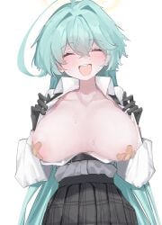 :d absurdres ahoge bandage bandaid bandaids_on_nipples black_gloves black_skirt blue_archive blue_hair blush breasts breasts_out closed_eyes clothes_pull female gloves halo highres large_breasts long_hair long_sleeves open_mouth partially_unbuttoned pasties pleated_skirt pulling_own_clothes round_teeth sagging_breasts shirt shirt_pull shirt_tucked_in skirt smile solo sweat teeth upper_teeth_only very_long_hair vivo_(vivo_sun_0222) white_shirt x_pasties yume_(blue_archive)