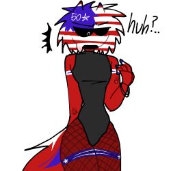 artstyle_imitation bodysuit countryhumans ears_up glasses male_only nervous red_skin sweating tail thick_thighs united_states_of_america_(countryhumans)