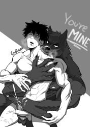 black_and_white_fur cum_on_body gay gay_anal gay_domination humanoid_genitalia male/male muscular_male no_color submissive_male werewolf