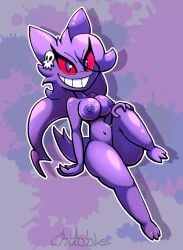 anthro chabble gengar ghost ghost_girl giselle_(tomfoolery) holding_knee long_ears long_hair no_nose pokemon pokemon_(species) purple_body purple_hair red_eyes smile smiling someone_else's_oc teeth