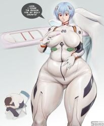 1girls bodysuit human large_breasts neon_genesis_evangelion pregnancy_test pregnant rei_ayanami shinji_ikari solo solo_female standing steely_bird text thick_thighs wide_hips