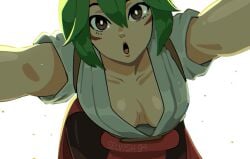 blizzard_entertainment bust_focus green_hair kiriko_(overwatch) kiriko_kamori looking_at_viewer overwatch overwatch_2 provocative selvish94 yellow_eyes