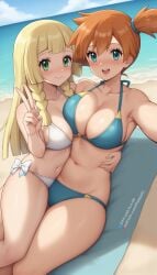 2girls :d ai_generated asymmetrical_hair bangs bare_shoulders beach beach_towel bikini blonde_hair blue_bikini blue_eyes blue_sky blue_swimsuit blunt_bangs blush braid breast-to-breast breast_press breasts clavicle cleavage closed_mouth clothing cloud day eyebrows eyebrows_visible_through_hair eyelashes female green_eyes hair_between_eyes hair_ornament hair_tie huge_breasts kasumi_(pokemon) large_breasts large_filesize lillie_(pokemon) long_hair looking_at_viewer multiple_girls navel ocean open-mouth_smile open_mouth orange_hair outdoors pak-fa-t-50 pokemon ponytail sand self_shot selfie shiny shiny_skin short_hair side_ponytail sitting sky smile swimsuit teeth thighs tied_hair twin_braids upper_teeth upper_teeth_only v very_high_resolution water white_bikini white_swimsuit yuri