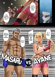 1boy 1girls asakura_kukuri big_ass big_breasts blonde_hair bullying cameltoe clothed dark-skinned_female dark-skinned_male dark_skin_male defending female fingerless_gloves green_eyes grey_hair male muscular_female muscular_male ntr ring side_ponytail sweat thighs wrestling wrestling_ring