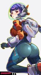 ass big_ass cute dat_ass female female_only juno_(overwatch) looking_back nuebunny overwatch overwatch_2 purple_hair red_eyes sideboob simple_background solo solo_female tagme tight_clothing