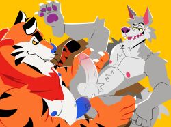 2boys anal animal_penis bara belly blue_penis blushing canid cookie_crisp erection felid furry furry_only kellogg's male male_only paws scarf simple_background size_difference thick_eyebrows tiger tysonvortex wolf