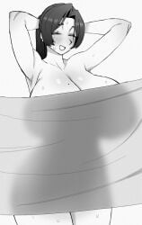 big_breasts covering covering_breasts efto_(pixiv) female large_breasts mole mole_on_breast naked naked_female nude nude_female see-through tease towel