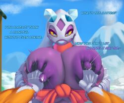 6:5 absurd_res ambiguous_gender anthro areola assertive_female bedroom_eyes big_areola big_breasts big_nipples blue_eyes blush bodily_fluids breast_grab breasts canid canine clothed clothing dialogue dibujosv12 digital_media_(artwork) duo dusk_lycanroc elemental_creature elemental_humanoid english_text female froslass fur generation_4_pokemon generation_7_pokemon ghost guided_breast_grab hana_(echovalia) hand_on_breast hi_res huge_areola huge_breasts huge_nipples humanoid lactating looking_at_viewer lycanroc male male/female mammal milk narrowed_eyes nintendo nipples pokemon pokemon_(species) purple_areola purple_nipples seductive spirit text