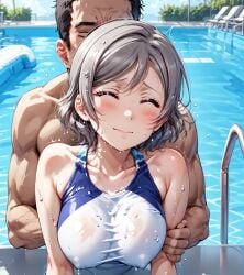 1male ai_generated all_fours ass blue_eyes blush brown_hair doggy_style doggy_style female from_behind love_live! love_live!_sunshine!! medium_breasts one-piece_swimsuit penis pussy sex short_hair swimsuit watanabe_you wavy_hair