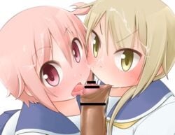 1boy 2girls blonde_hair blush censored clothing collaborative_fellatio cum cum_in_hair cum_in_mouth cum_on_face cum_on_tongue facial fellatio foreskin foreskin_play ichii_yui looking_at_viewer multiple_girls nonohara_yuzuko oral oral_sex pink_hair red_eyes teamwork threesome tongue tongue_in_foreskin uncut yellow_eyes yuyushiki