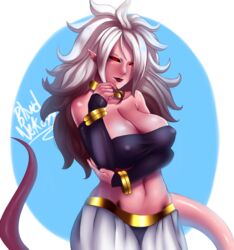 1girls 2010s android_21 black_sclera blindneko99 breasts dark_persona dragon_ball dragon_ball_fighterz female female_only fully_clothed humanoid long_hair majin majin_android_21 monster_girl nipple_bulge pink_skin pointy_ears red_eyes solo tail white_hair