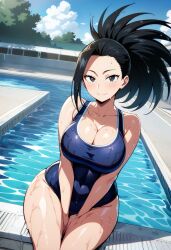 ai_generated big_breasts black_eyes black_hair breasts cleavage collarbone female female_focus female_only kemonogirls large_breasts momo_yaoyorozu my_hero_academia pointy_chin thick_thighs thighs tied_hair