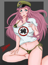 1girls 2018 abigail_(metal_slug) big_breasts blush depressed green_bra green_panties green_underwear hand_on_breast kuma98 long_hair metal_slug metal_slug_attack military military_hat pink_hair short_shirt simple_background sitting snk white_shirt