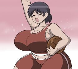 1girls azumanga_daiou background_character basketball black_hair cleavage closed_eyes female_only gradient_background gym_uniform hand_up holding huge_breasts multicolored_background open_mouth pink_background poopishness red_shirt red_shorts short_hair smile solo solo_female thick_thighs white_background