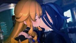 2girls 3d 3d_model animated blonde blonde_female blonde_hair blonde_hair_female blue_hair clorinde_(genshin_impact) female female/female female_only french_kiss french_kissing genshin_impact kiss kissing lesbian lesbians light-skinned_female light_skin miruno_(artist) multiple_girls navia_(genshin_impact) no_sound orange_hair purple_eyes saliva tagme video younger_female yuri