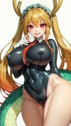 abdomen abdominals abs ai_generated anime anime_style belly_button big_breasts blonde_hair breasts covered_nipples cute dragon_girl dragon_horns dragon_tail erect_nipples firm_breasts focus from_below girl gloves hair_between_eyes horns hourglass_figure huge_breasts kobayashi-san_chi_no_maidragon large_breasts latex latex_bodysuit latex_clothing latex_suit light light-skinned light_skin lighting midriff navel nsfw pose posing posing_for_picture posing_for_the_viewer red_eyes round_breasts seducing seduction seductive seductive_body seductive_eyes seductive_gaze seductive_look seductive_mouth seductive_pose seductive_smile shiny shiny_breasts shiny_clothes shiny_hair shiny_latex shiny_skin simple_background sky4maleja slim_waist smile smile_at_viewer smiley_face tail teeth thick_thighs tie tie_between_breasts tohru_(dragon_maid) very_long_hair visible_nipples white_background