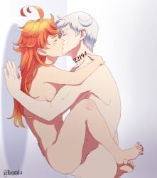 1boy1girl against_wall boobs chest_hair closed_eyes emma_(the_promised_neverland) feet kissing love naked norman_(the_promised_neverland) painted_nails penetrated rozeta_la sex the_promised_neverland wall white_background white_hair