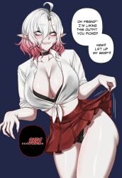 1girl 1girls biting_lip biting_own_lip blood_golem blush blushing breasts briar_(league_of_legends) claws cleavage collar collarbone colored_sclera dialogue english_text eyebrows_visible_through_hair feet_out_of_frame female gradient_hair huge_breasts large_breasts league_of_legends lips looking_at_viewer pale-skinned_female pale_skin panties pink_hair_tips pink_sclera pink_tip pointy_ears ryuukusnpaiarts simple_background skirt_lift solo solo_female talking_to_viewer text thick_thighs thighs thin_waist white_hair wide_hips