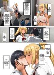 1boy 1girls asakura_kukuri big_breasts black_hair blonde_hair bullying confession dark-skinned_female defensive female fingerless_gloves green_eyes kissing male ponytail side_ponytail sweat thighs