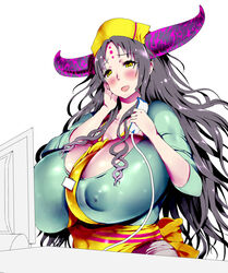 1girls arms_up bare_shoulders belt big_breasts black_hair blush busty cleavage curvy dress erect_nipple erect_nipples eyelashes fate/extra fate/extra_ccc fate_(series) female female_only front_view headgear holding_object horns hourglass_figure human long_hair looking_down mozu-k nipple_bulge open_mouth pose posing sesshouin_kiara shiny shiny_skin simple_background solo voluptuous white_background wide_hips yellow_eyes