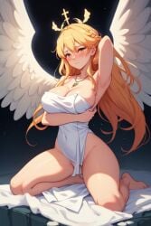 ai_generated angel_wings aureola big_ass big_breasts blonde_hair blush covering_breasts damaris_selene looking_at_viewer necklace on_knees orange_eyes thick_thighs towel_only