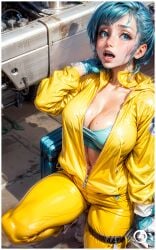 ai_generated aqua_eyes aqua_hair bulma_(dragon_ball) bulma_briefs bulma_briefs cleavage dragon_ball dragon_ball_super dragon_ball_z open_mouth sensual short_hair yametastudio