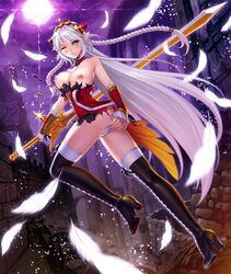 ass bouncing_breasts breasts dress elf female female green_eyes grey_hair hair_ornament large_breasts long_hair looking_at_viewer looking_back night nipples no_bra primea sano_toshihide shiny shiny_skin sky sword taimanin_(series) taimanin_asagi_battle_arena torn_clothes very_long_hair weapon