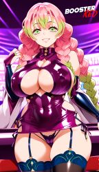 adjusting_panties ai_generated bare_shoulder bodycon boosterred99 braid bridal_gauntlets cameltoe cleavage clothing_cutout covered_navel covered_nipples cutout dress female female_only green_eyes kanroji_mitsuri kanroji_mitsuri_(cosplay) kimetsu_no_yaiba large_breasts latex_panties long_hair mommy pink_hair post-timeskip ring seductive_smile shiny_clothes side-tie_panties side_locks sideboob skirt solo twin_braids underboob wavy_hair