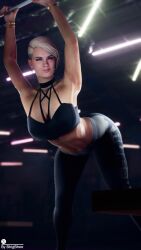 1girls 3d 3d_(artwork) abs alternate_version_available armpits ass belly bhigbhee bioware blonde_hair bracelet bracelets choker cleavage clothing cora_harper curvy earrings electronic_arts female female_only gym hi_res highres leggings legwear looking_at_viewer mass_effect mass_effect_andromeda mature_female short_hair smile stretching sweat watermark yoga_pants