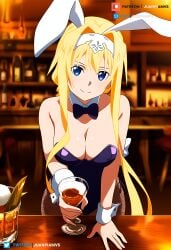 ai_generated alice_schuberg bar big_breasts blonde_hair blue_eyes braid bunny_costume bunny_ears bunny_girl bunnysuit curvy curvy_figure drink female juanpi_amvs long_hair panties patreon patreon_username sword_art_online watermark