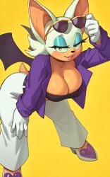 1girls 2023 2023s 2d 2d_(artwork) 2d_artwork anthro bat bat_ears bat_girl bat_tail bat_wings belt big_breasts blue_eyeshadow breasts chiropteran cleavage clothed eyelashes eyeshadow female female_focus female_only furry furry_female gloves green_eyes hi_res huge_breasts jacket leaning_forward lipstick makeup mature_female milf mobian mobian_(species) mobian_bat naughty_face pants purple_jacket rizdraws rouge_the_bat sega shoes short_tail shortstack simple_background smile sonic_(series) sonic_adventure_2 sonic_the_hedgehog_(series) suggestive_look sunglasses sunglasses_on_head tail tan tan-skinned_female tanned_skin the_murder_of_sonic_the_hedgehog white_fur white_gloves white_hair wings yellow_background