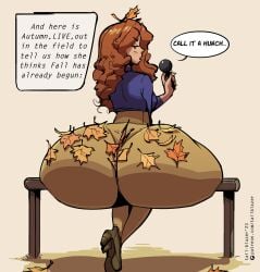 1girls 2d ass autumn autumn_(tail-blazer) big_ass bottom_heavy breasts female female_only huge_ass hyper_ass leaves original original_character rear_view reporter solo solo_female tail-blazer text