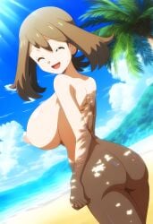2024 ai_art ai_generated alternate_breast_size areolae ass backview beach beach_background big_breasts blue_eyes brown_hair cleavage erect_nipples female female_focus female_only gamefreak highres huge_breasts human large_breasts may_(pokemon) mayday_(artist) naked nice_ass nintendo nipples outdoors perky_breasts pink_areola pink_nipples pokemon pokemon_(anime) sideboob smile smiling solo solo_female solo_focus