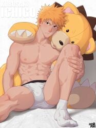 1boy abs bleach bulge ichigo_kurosaki jackdraws male_focus male_only sitting socks solo stuffed_animal topless underwear undressing