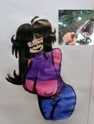 1girls big_breasts black_hair breasts female female_only hips krala_ulti leaning leaning_forward long_black_hair long_hair looking_at_viewer needlemouse_(series) nipple_bulge red_sclera sarah_henderson_(needlemouse) shirt smile smiling smiling_at_viewer