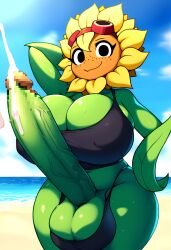 1futa ai_generated balls beach black_bikini cum dickgirl erection female flower freckles futanari green_skin herm intersex large_breasts large_penis looking_at_viewer penis plant plant_girl plantie plants_vs_zombies plants_vs_zombies:_heroes pvz sand solar_flare_(pvz) solo solo_futa sunflower_(pvz) tank_top water