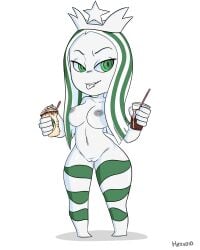 1female 1girls artist_name breasts coffee drink green_eyes hexanne hexvoid navel nipples pussy starbucks starbucks_siren tongue tongue_out