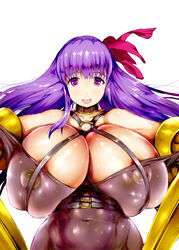 1girls bare_shoulders belt big_breasts blush bodysuit bow busty choker cleavage curvy erect_nipple erect_nipples eyelashes fate/extra fate/extra_ccc fate/grand_order fate_(series) female female_only front_view hairbow hourglass_figure human long_hair looking_at_viewer mozu-k nipple_bulge open_mouth passion_lip pose posing purple_eyes purple_hair shiny shiny_skin simple_background solo standing voluptuous white_background wide_hips