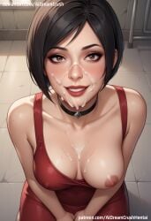 ada_wong ai_generated aidreamcrush blush breasts cum dress facial female kneeling nipples resident_evil smirk surprised