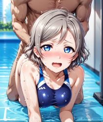 1male ai_generated all_fours ass blue_eyes blush brown_hair doggy_style doggy_style female from_behind love_live! love_live!_sunshine!! medium_breasts one-piece_swimsuit penis pussy sex short_hair swimsuit watanabe_you wavy_hair