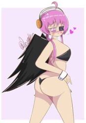 ass big_breasts bikini bikini_bottom bikini_top handdrawn headphones inkie_(inkierose) inkierose_(inkierose) pink_eyes pink_hair prostitution shaved tagme thick_thighs thighs thong wings