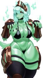 1girls absurd_res anthro armor big_breasts bikini black_thighhighs canine canine choker female female_only fur furry ghost green_eyes green_fur helmet light_green_hair looking_at_viewer narrowed_eyes pose solo sotcho thick_thighs thigh_strap thighhighs thong warden_(nanokindred) white_background wide_hips