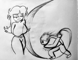 anon anonymous_male belt big_breasts breasts female hips jeans krala_ulti long_hair looking_down male male/female needlemouse_(character) needlemouse_(series) sarah_henderson_(needlemouse) smaller_male taller_female taller_girl uncolored